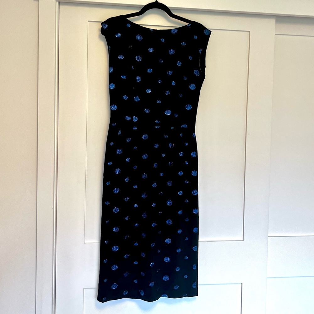 Elegant vintage Black Midi Dress with Blue Polka Dot Pattern